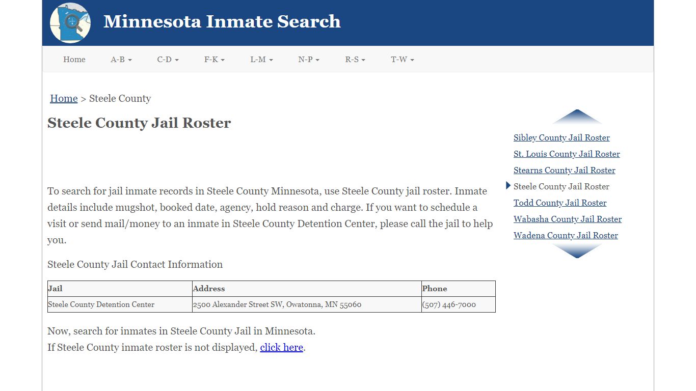Steele County Jail Roster - Minnesota Inmate Search